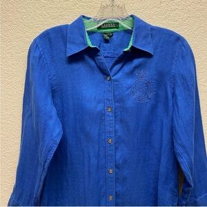 Lauren Ralph Lauren Classic Button Up Linen Shirt Embroidered Crest S Royal Blue